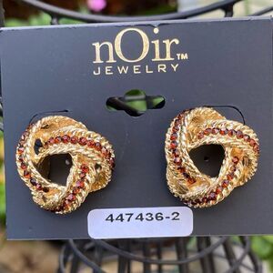 Noir Gold Braided Twist Circle Post Earrings w/Brown Rhinestone Accents. NWOT